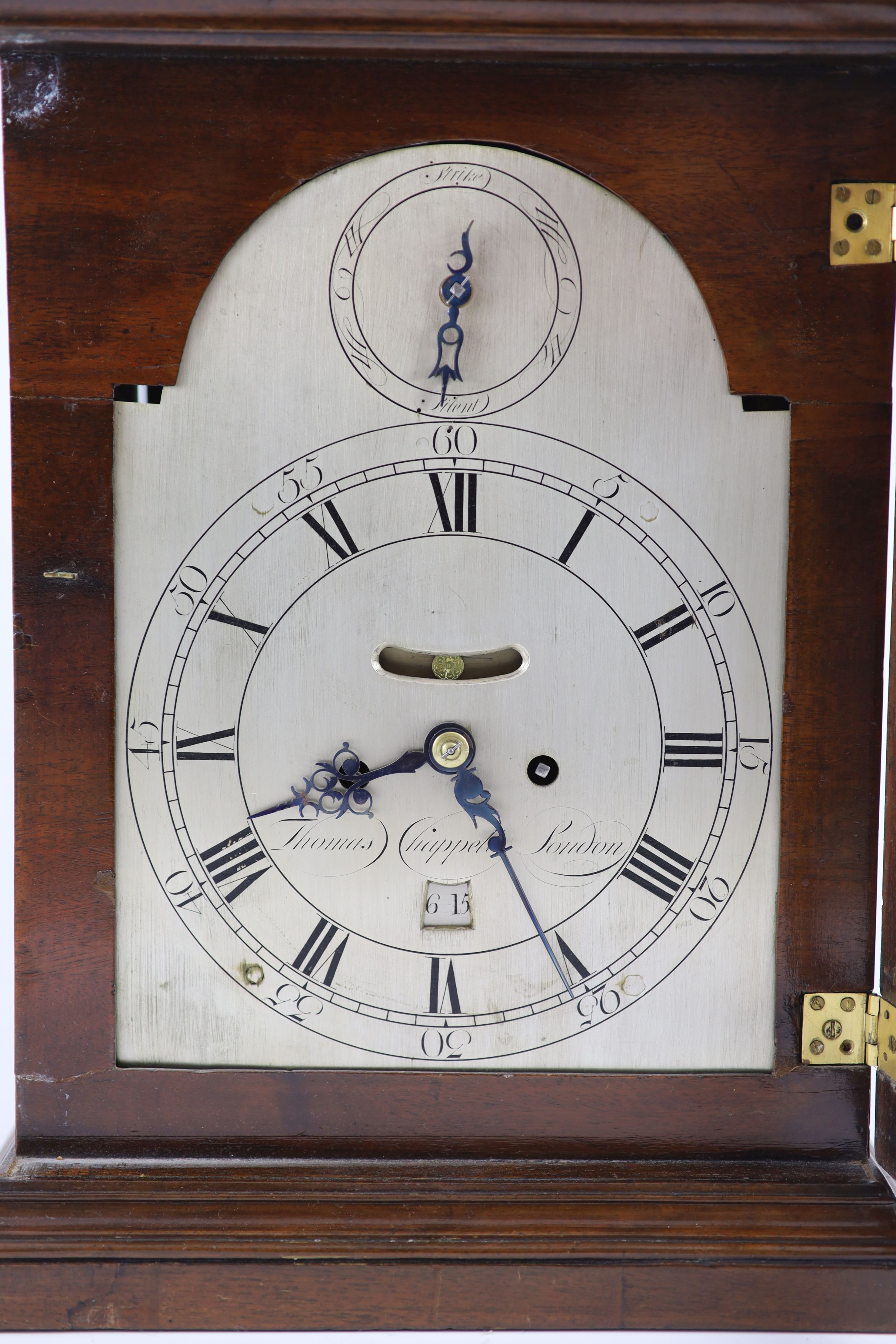 Thomas Chappell of London. A George III mahogany bracket clock H 48 cm. W 29cm. D 18cm.